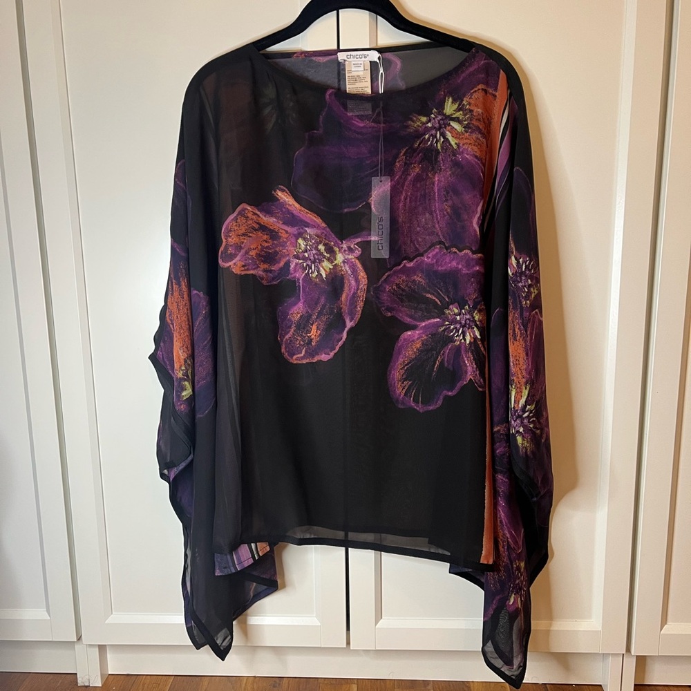 Chico's Black Asymmetrical Woven Kimono Sleeve Tunic Poncho Dewberry